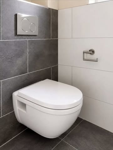Hangend toilet tegen grijs en wit tegelwerk